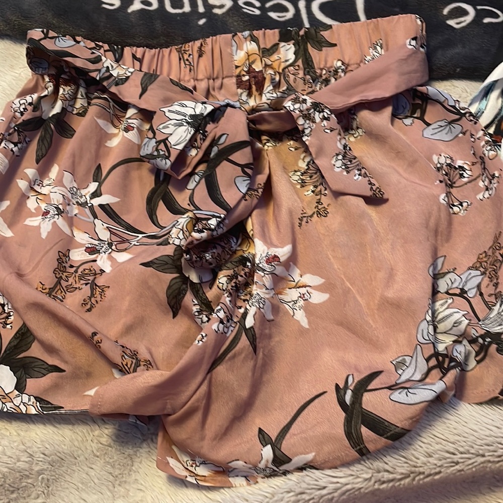 pink with black and white flower dress shorts from shein